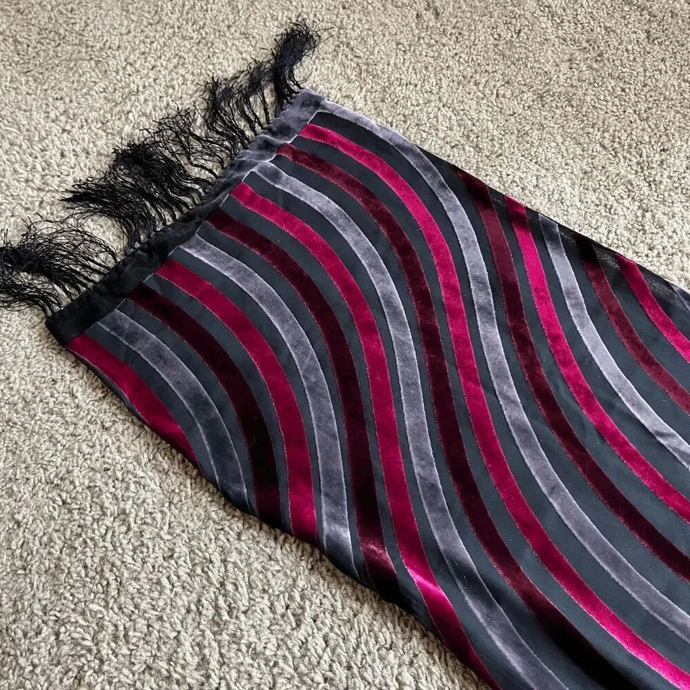 VTG Silk Velvet Devore Scarf Opera Evening Fringe Witchy Dark Romantic 13x58
